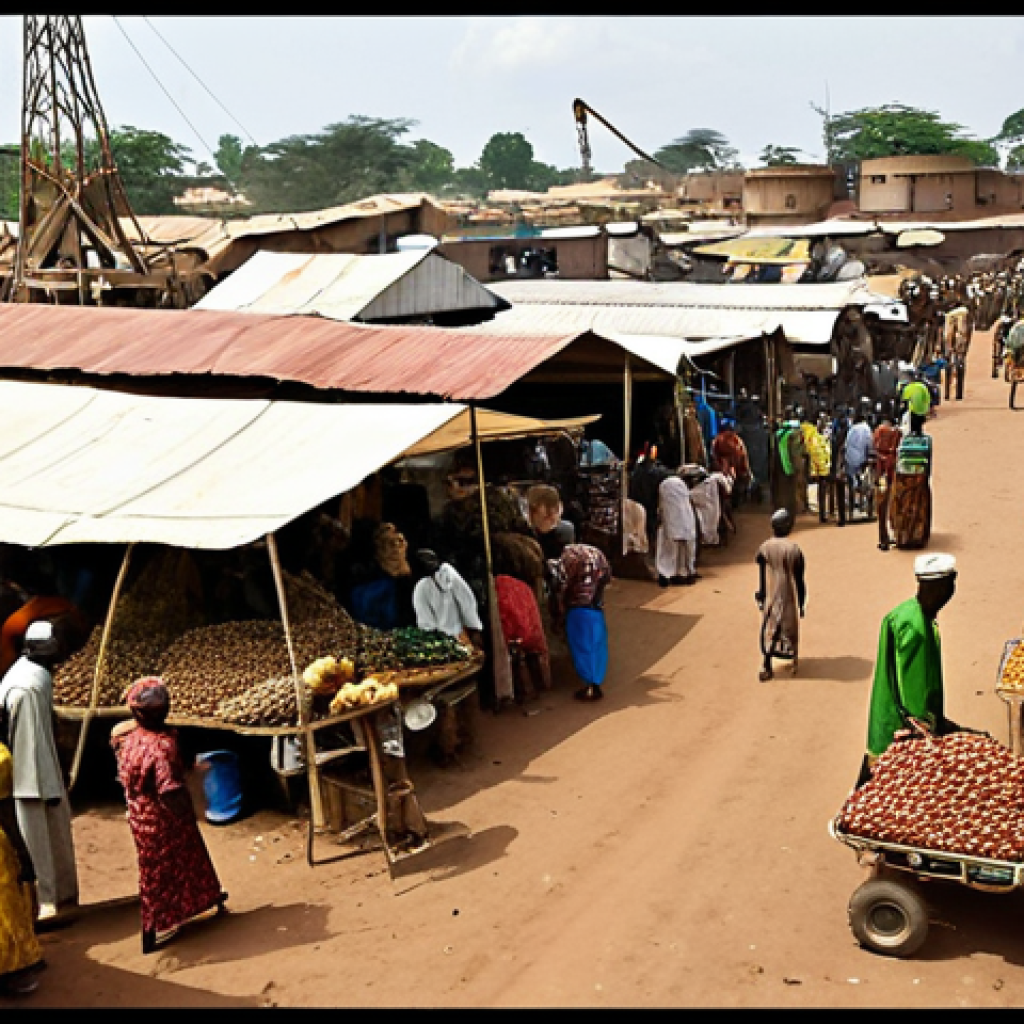 **

A vibrant market scene in Nigeria, showcasing a mix of oil rigs in the background and bustling agricultural stalls in the foreground. Wealthy figures are contrasted with impoverished individuals, highlighting the wealth disparity.

**