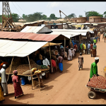 **

A vibrant market scene in Nigeria, showcasing a mix of oil rigs in the background and bustling agricultural stalls in the foreground. Wealthy figures are contrasted with impoverished individuals, highlighting the wealth disparity.

**