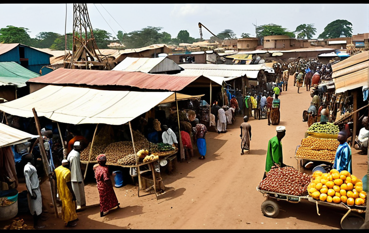 **

A vibrant market scene in Nigeria, showcasing a mix of oil rigs in the background and bustling agricultural stalls in the foreground. Wealthy figures are contrasted with impoverished individuals, highlighting the wealth disparity.

**