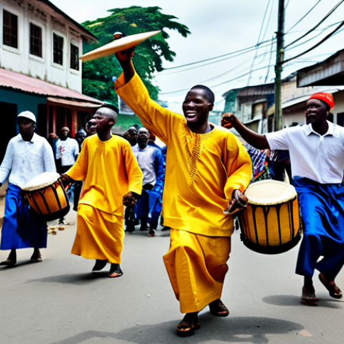 Home 11 **
"A vibrant street scene in Monrovia, Liberia. Musicians are performing traditional Liberian music with drums and other instruments. People are dancing and celebrating. The scene is colorful and full of energy. Fully clothed, appropriate attire, safe for work, family-friendly, perfect anatomy, natural proportions, high quality."
**