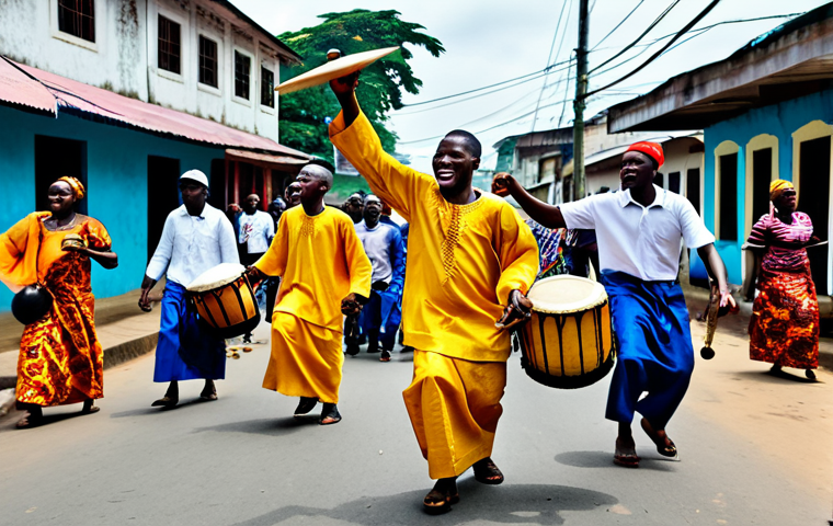 **

"A vibrant street scene in Monrovia, Liberia. Musicians are performing traditional Liberian music with drums and other instruments. People are dancing and celebrating. The scene is colorful and full of energy. Fully clothed, appropriate attire, safe for work, family-friendly, perfect anatomy, natural proportions, high quality."

**