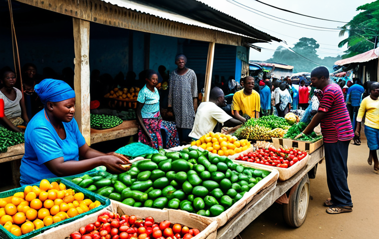 라이베리아 vs 시에라리온 경제 비교 - **Prompt:** "A bustling marketplace in Monrovia, Liberia. Vendors are selling locally grown produce ...