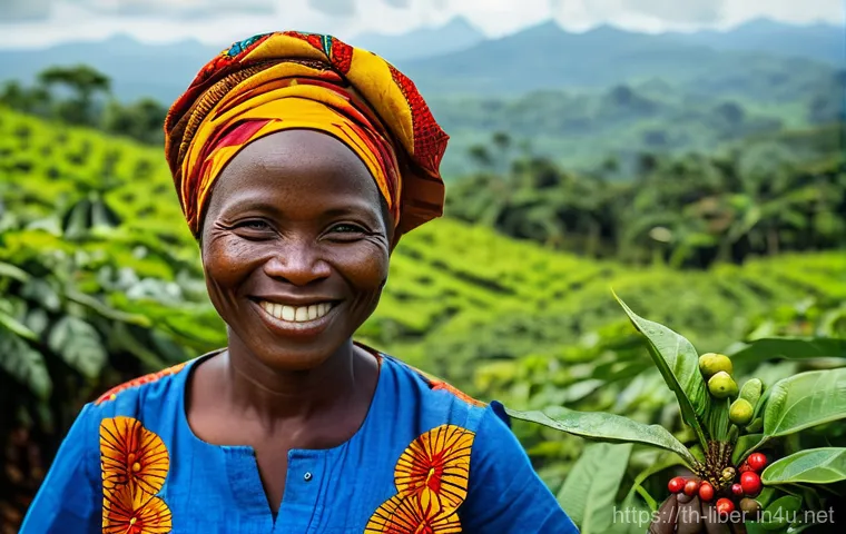 라이베리아 커피와 카카오 산업 - **A Resilient Liberian Coffee and Cocoa Farm:**
A vibrant, sun-drenched landscape of a Liberian ...