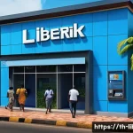 Home 14 라이베리아의 금융 시스템과 은행 계좌 개설 - A modern Liberian bank branch exterior during daytime, featuring a diverse group of customers enteri...