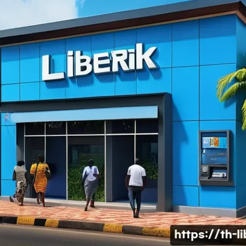 Home 26 라이베리아의 금융 시스템과 은행 계좌 개설 - A modern Liberian bank branch exterior during daytime, featuring a diverse group of customers enteri...