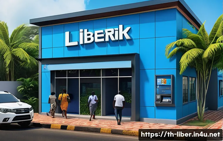 라이베리아의 금융 시스템과 은행 계좌 개설 - A modern Liberian bank branch exterior during daytime, featuring a diverse group of customers enteri...
