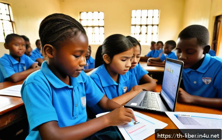 라이베리아의 교육 시스템과 주요 대학 - A modern Liberian classroom scene showing diverse students actively engaged in hands-on learning act...