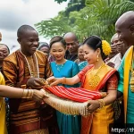 라이베리아에서의 결혼 문화와 전통 - A vibrant Liberian wedding scene showing a bride and groom exchanging traditional gifts such as hand...