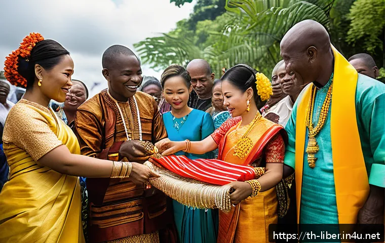 라이베리아에서의 결혼 문화와 전통 - A vibrant Liberian wedding scene showing a bride and groom exchanging traditional gifts such as hand...