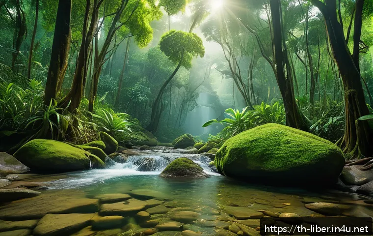 사포 국립공원의 생태계 - A lush, vibrant tropical forest scene in Sapho National Park during the rainy season, showcasing tow...