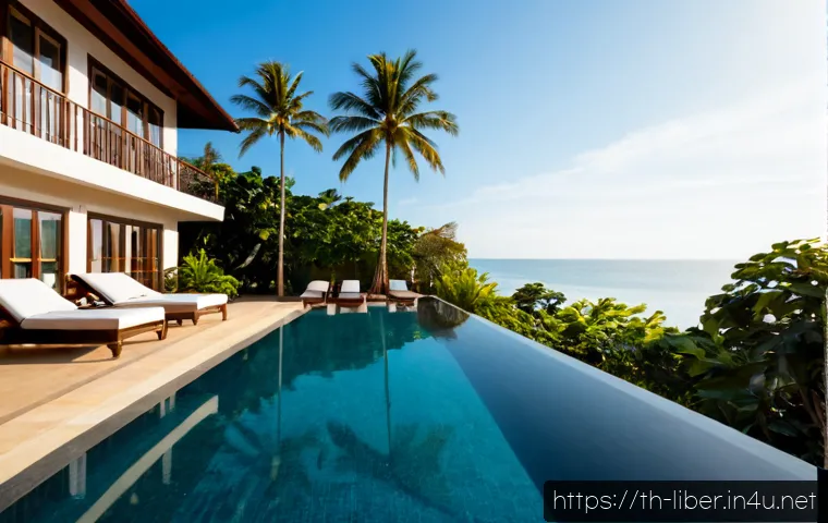 라이베리아에서 숙박하기 좋은 호텔과 리조트 - Photorealistic luxury beachfront resort in Monrovia, Liberia, wide-angle view from a shaded terrace ...