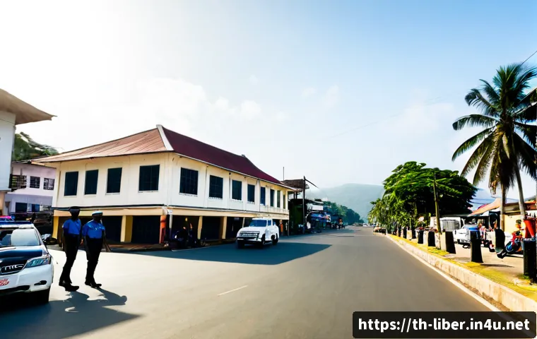 Home 29 라이베리아의 정치적 안정성과 치안 상황 - Photorealistic wide-angle scene in Monrovia, Liberia, showing a calm government district with clean ...